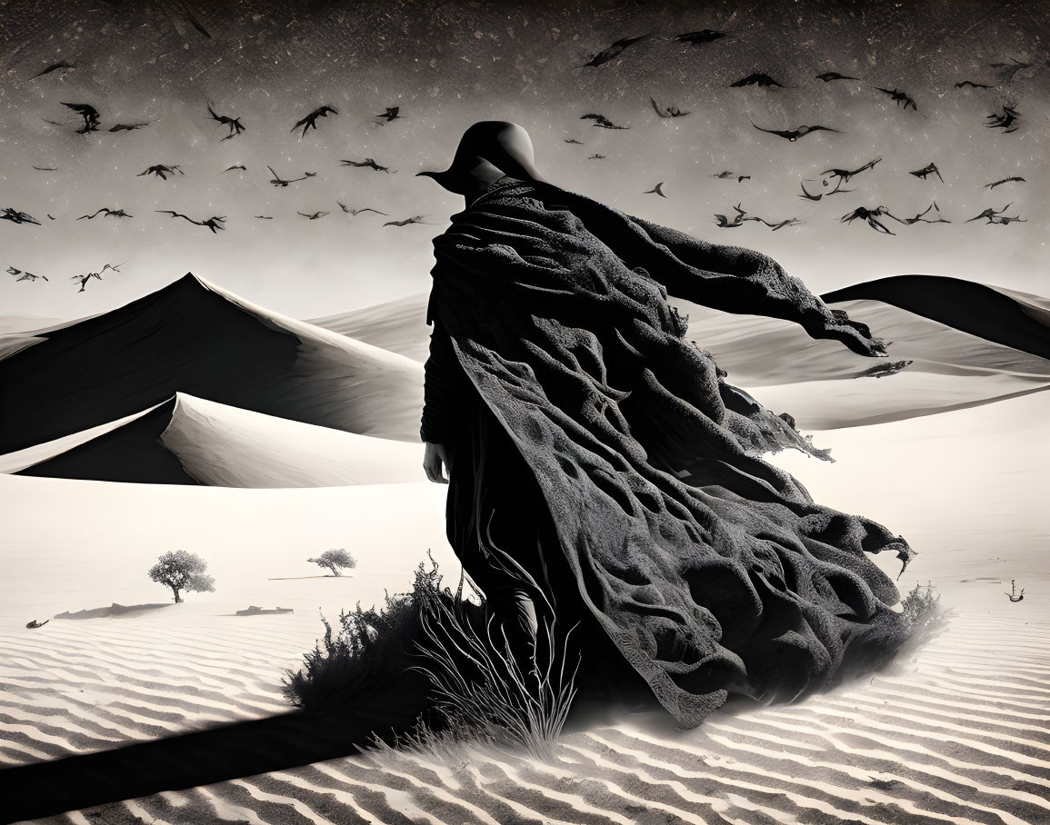 Mysterious robed figure in desert with birds and pyramids