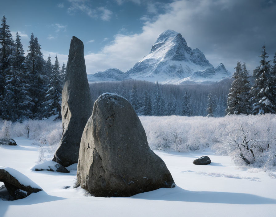 Winter mountain scene with rocks, pine trees, and snow-covered peak