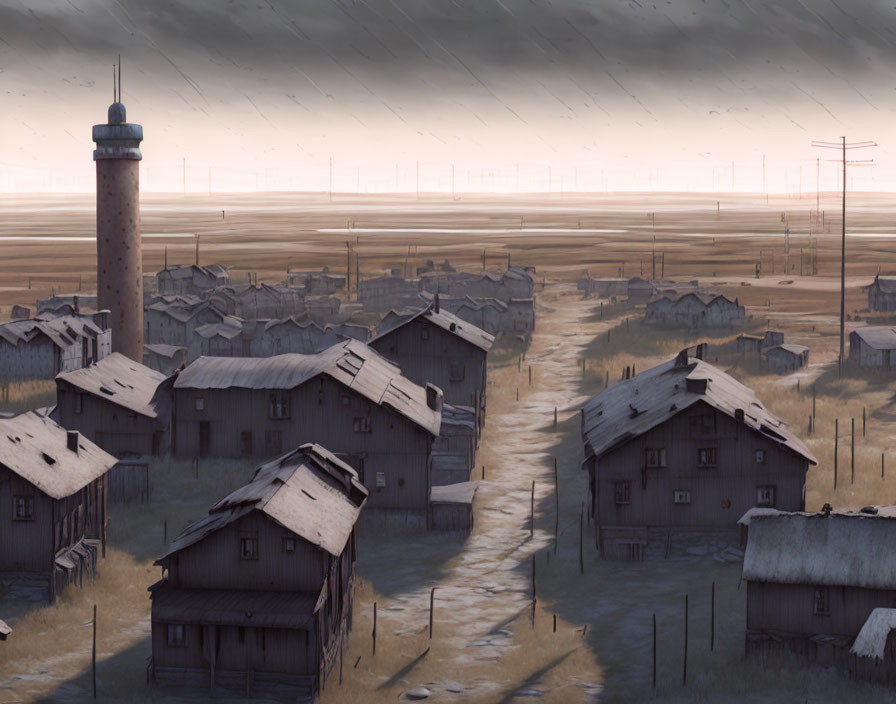 Desolate village with weathered houses and lighthouse under gloomy sky