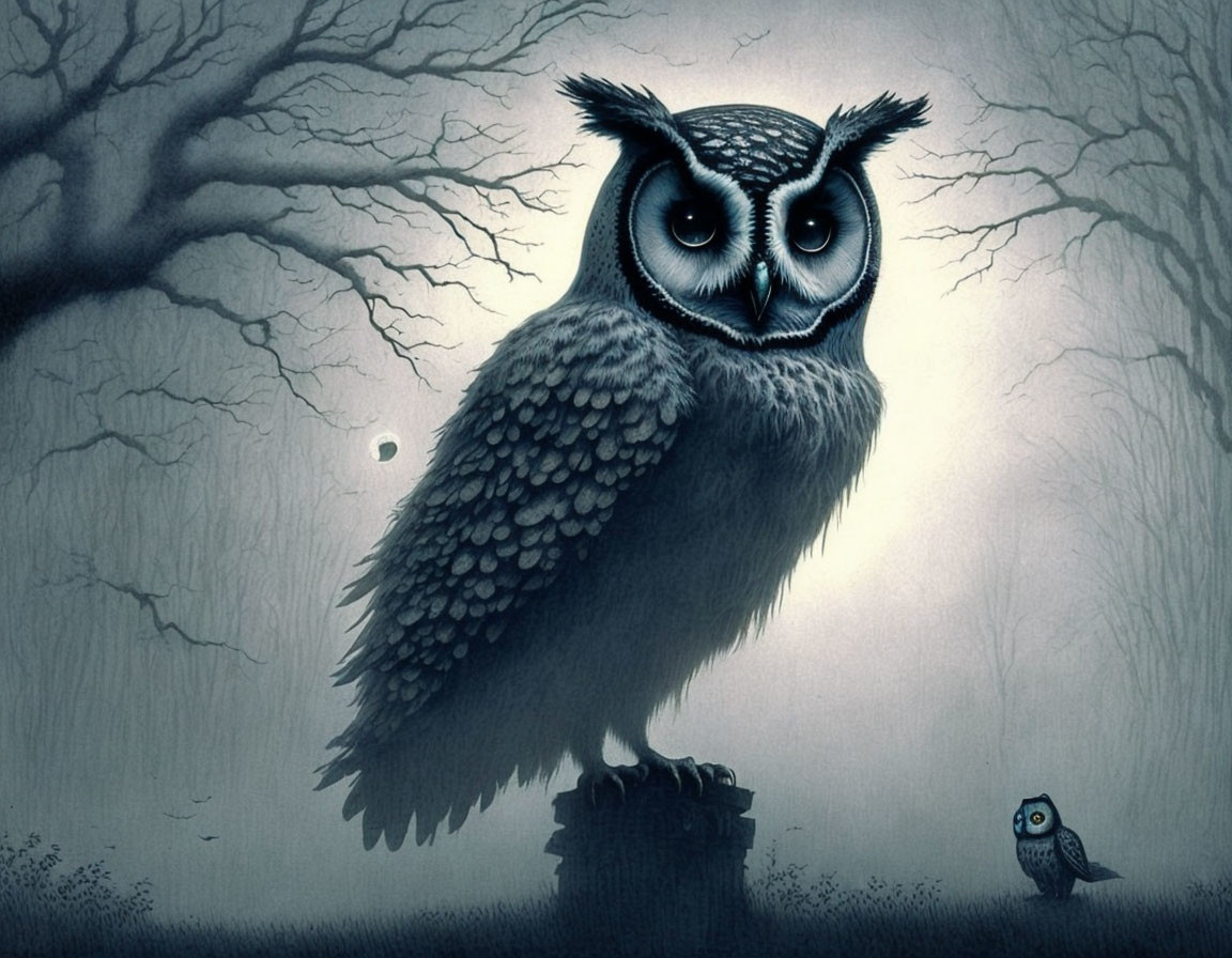 Monochrome forest scene with large owl, smaller owl, and full moon