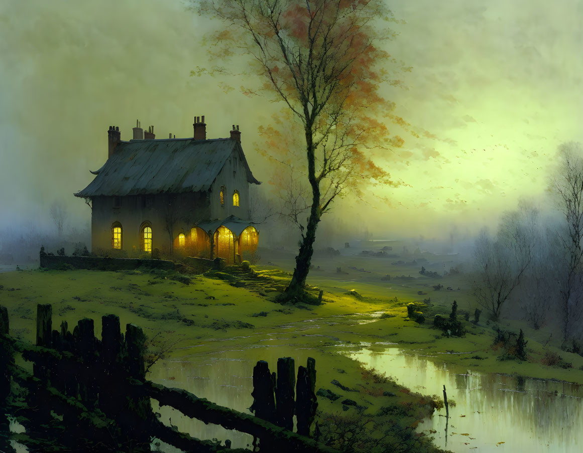 Tranquil painting of a house by a tree at dusk with misty landscape