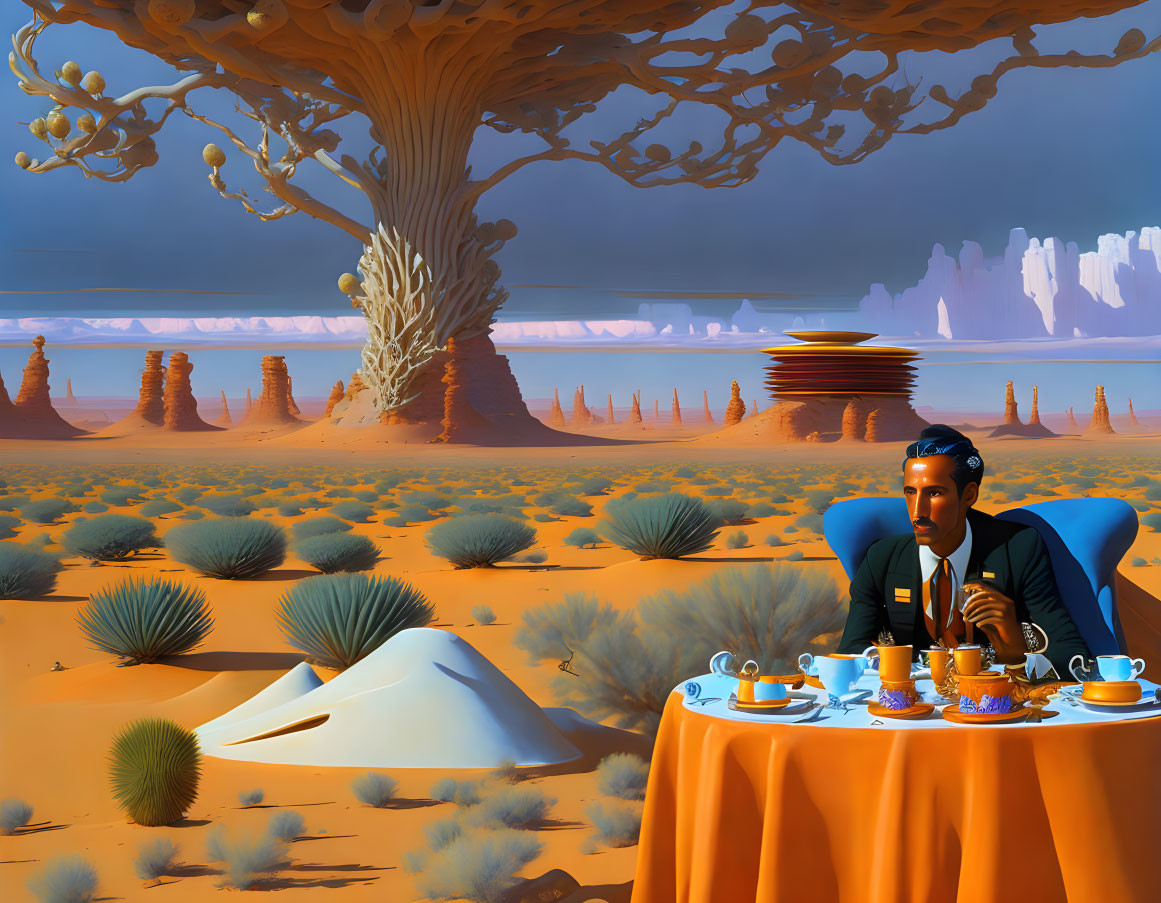 Man in Suit at Table in Surreal Desert with Tea Set & Unique Rock Formations