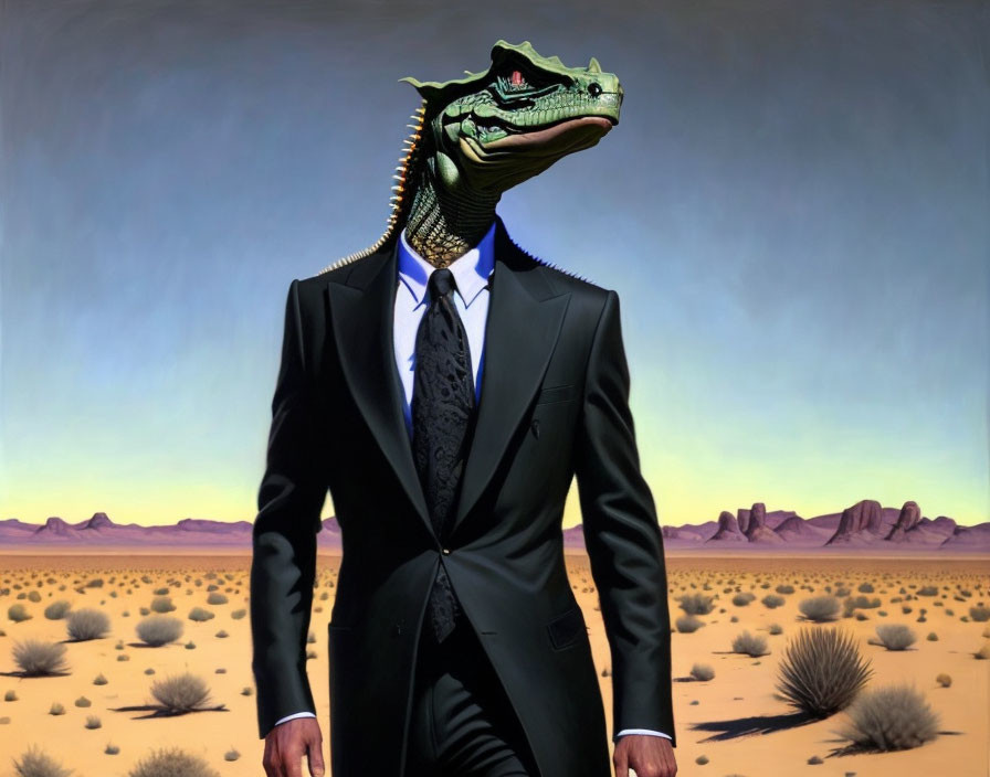 Crocodile-headed figure in suit in desert landscape