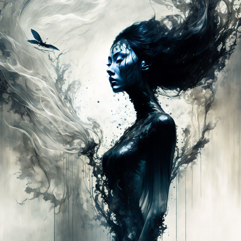 Surreal blue-toned artwork of woman with flowing hair and abstract patterns