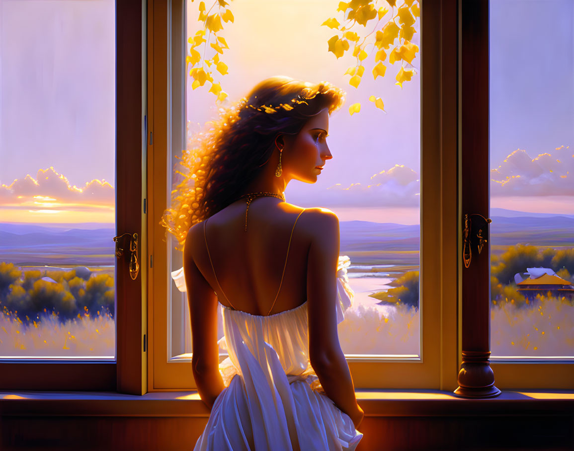 Woman in white dress admires sunset landscape through open window