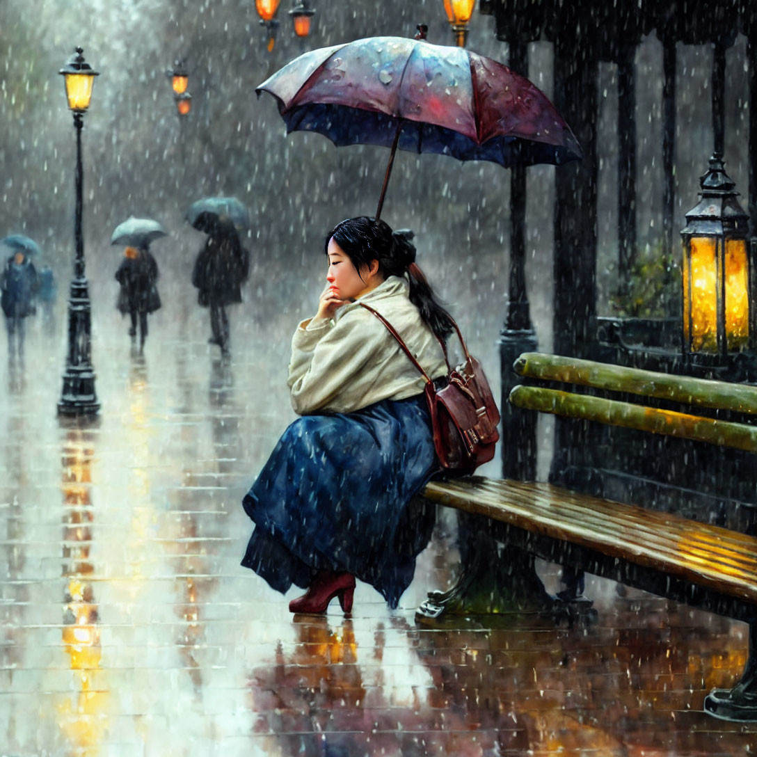 Person sitting on wet bench with umbrella in rain under street lamps