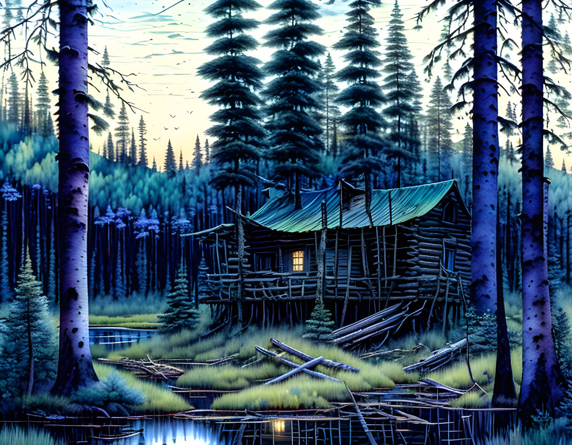 Tranquil twilight scene of rustic cabin by forested lake