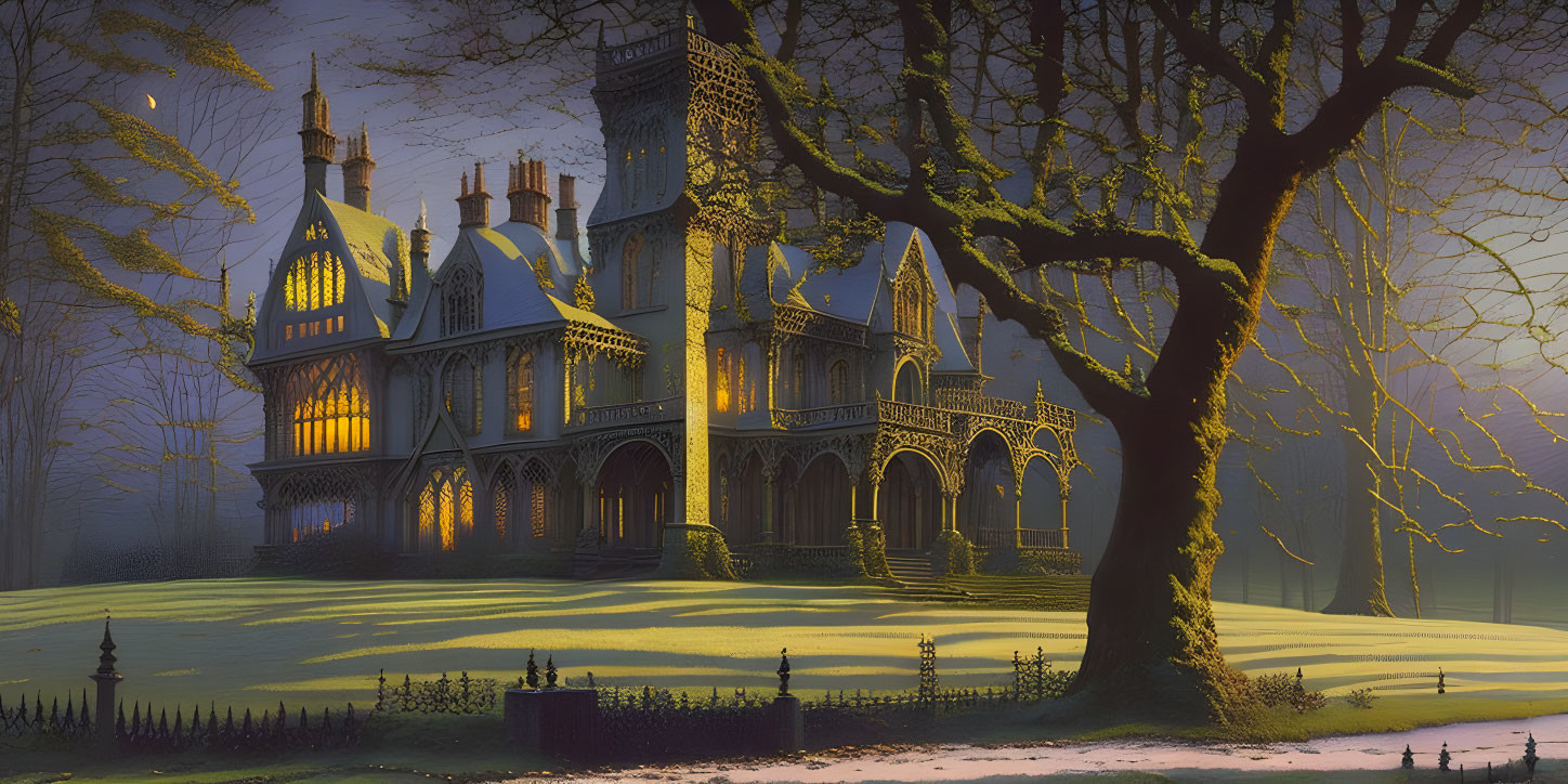 Illustration of Gothic Mansion at Dusk with Warm Glowing Light