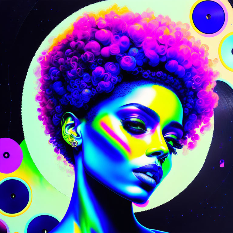 Colorful digital artwork: woman with neon makeup & afro, cosmic background