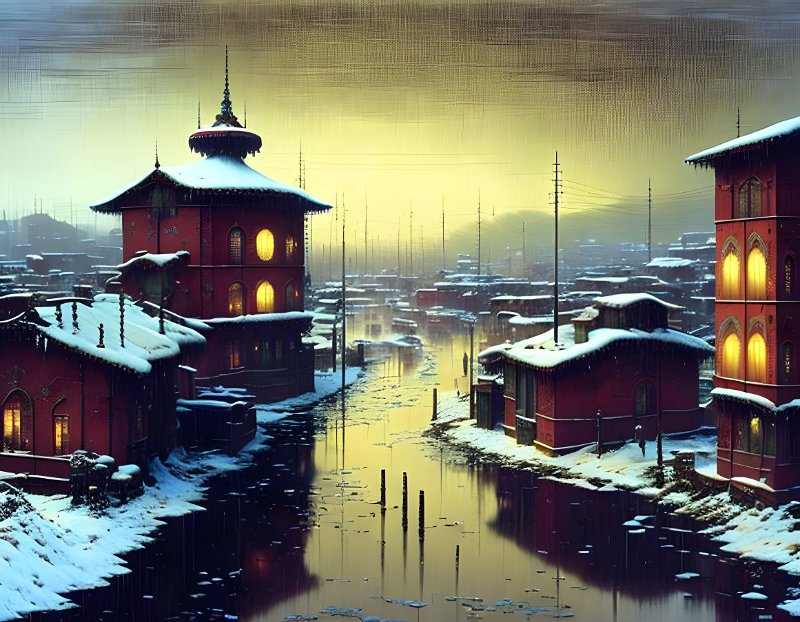 Oriental buildings in snow by calm water on wintry evening