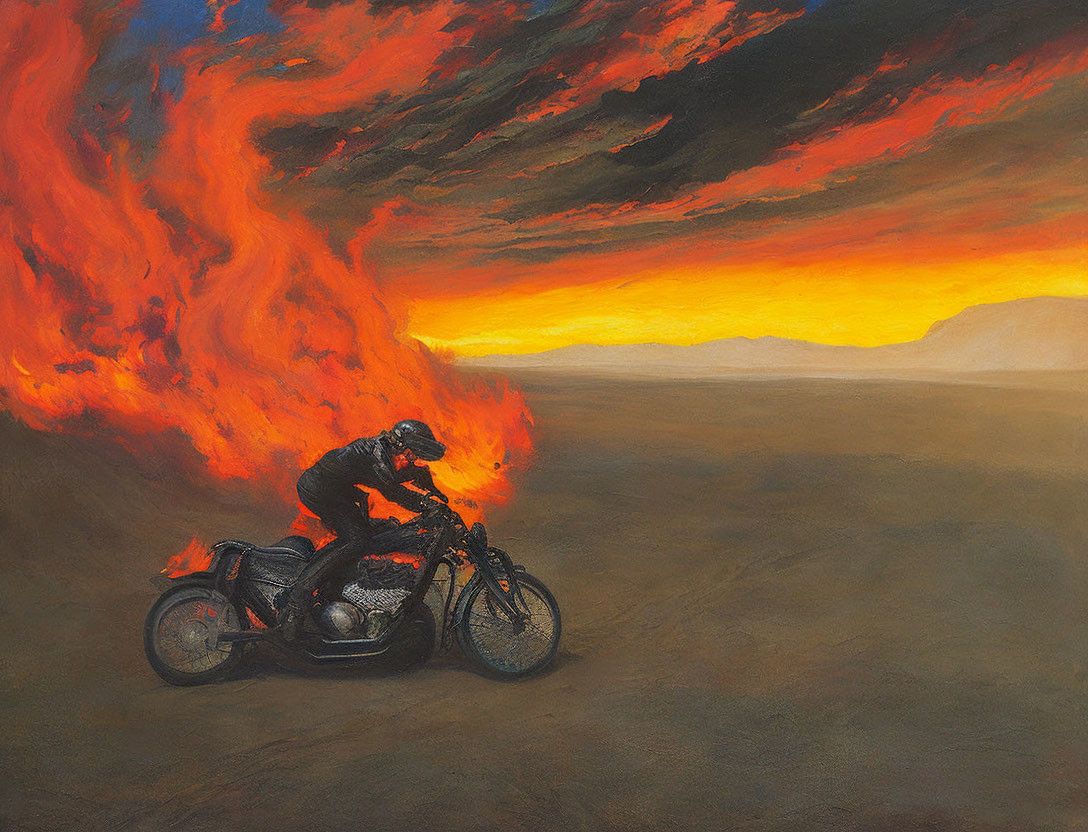 Person riding motorcycle in fiery desert sunset scene.