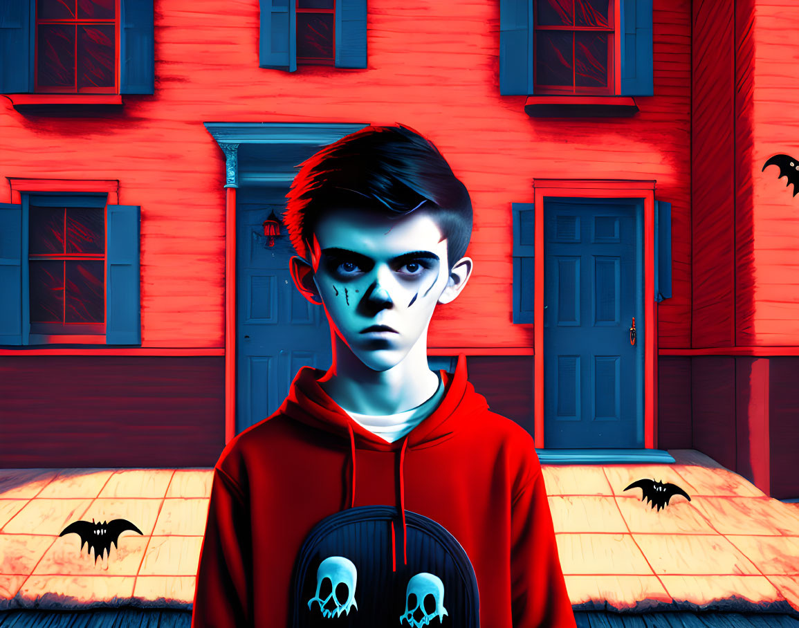 Young person with skull face paint in red hoodie by red house with bats