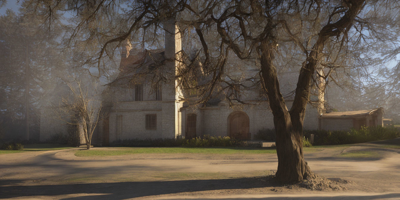 Stone house with steep roof and bare tree in soft sunlight and morning fog.