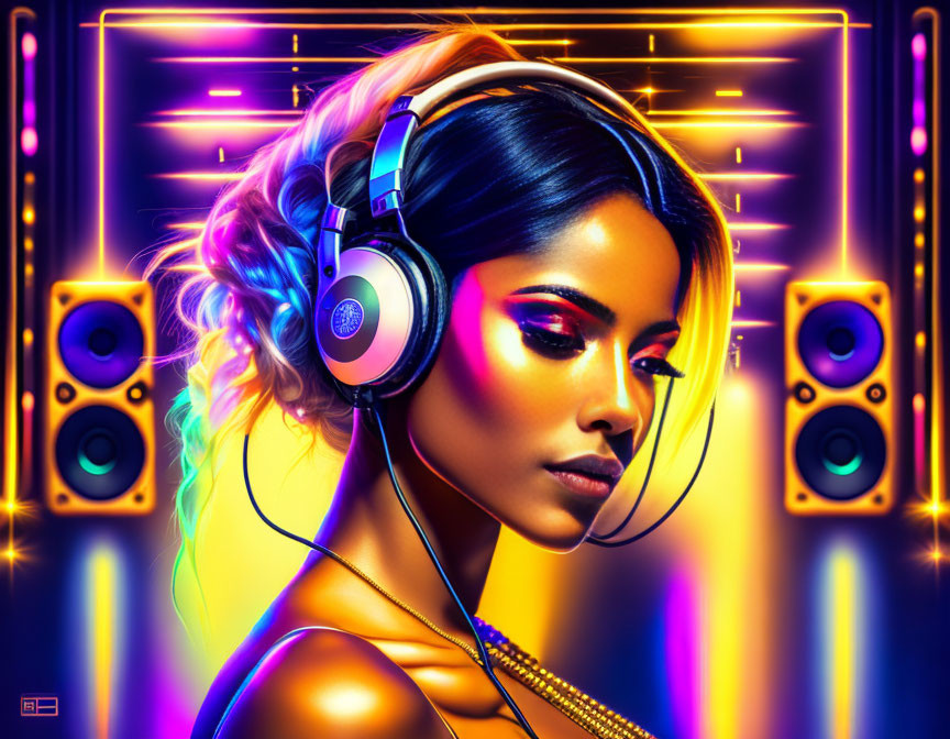 Woman with headphones in neon lights showcases futuristic musical vibe