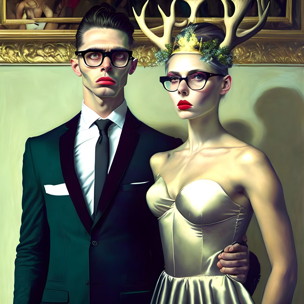 Elegant man and woman with antlers, crown, and glasses in moody illustration