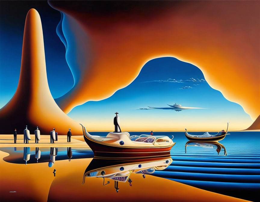 Surreal landscape with elongated shadows, calm water, individuals in suits, gondolas,