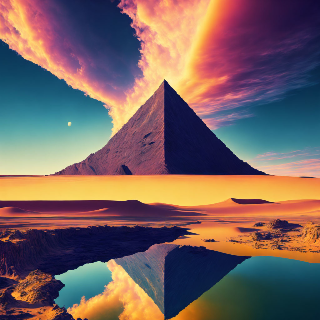 Surreal landscape with pyramid, dramatic sky, setting sun, mirrored water reflections