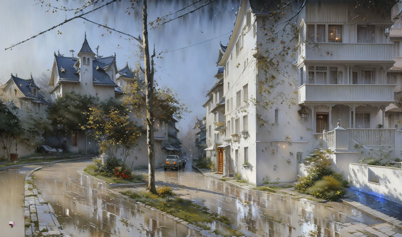 Traditional European architecture in serene street scene with wet pavement and parked car among autumn leaves.