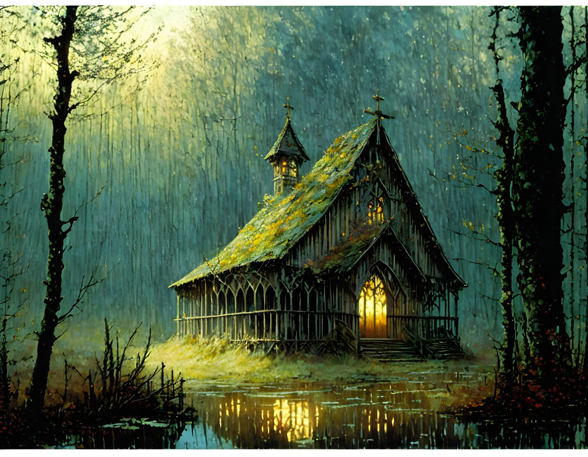 Old wooden church among tall trees on misty evening reflected in pond under rain