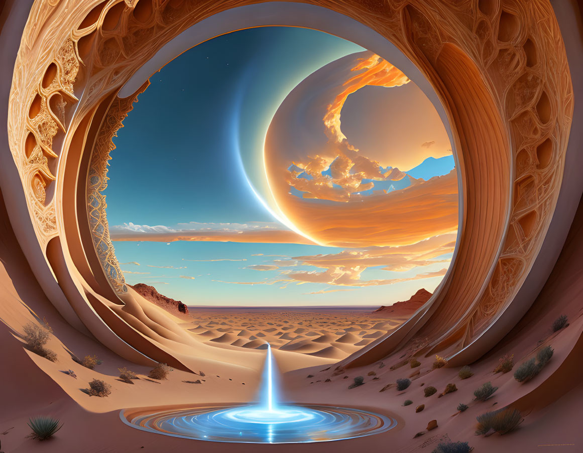 Unique desert landscape with circular ornate portal, fountain, and crescent planet.