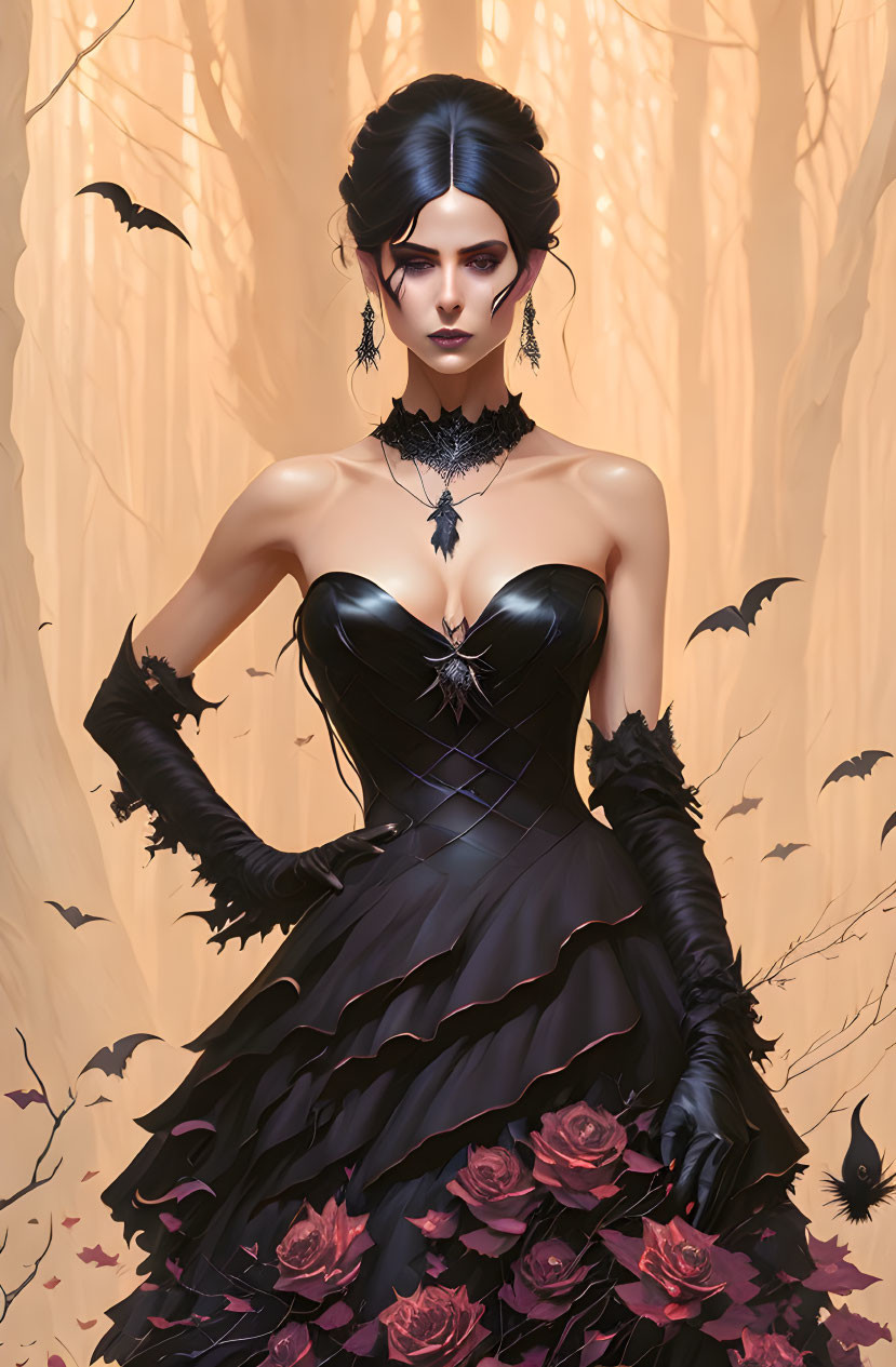 Illustration of gothic woman in black dress with red roses and bats in autumn forest