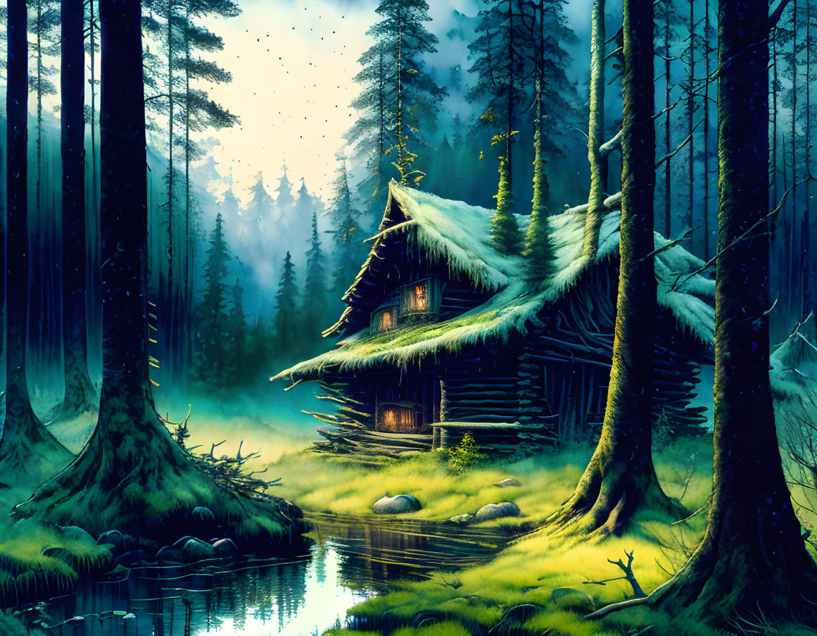 Tranquil forest cabin at twilight with snow-tipped trees and serene pond