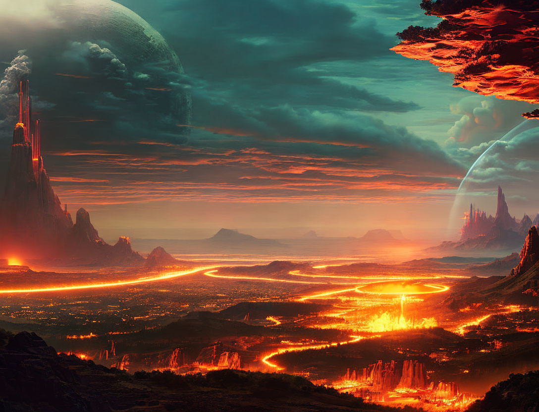 Surreal fiery landscape with lava rivers, towering spires, and large planet in red and orange