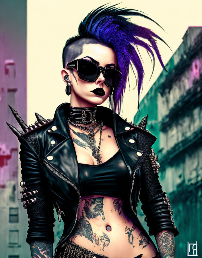 Person with Mohawk, sunglasses, leather jacket, tattoos against urban backdrop