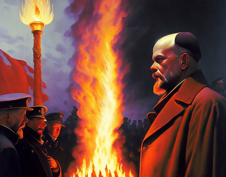 Intense Vladimir Lenin painting with soldiers, torch, and red sky