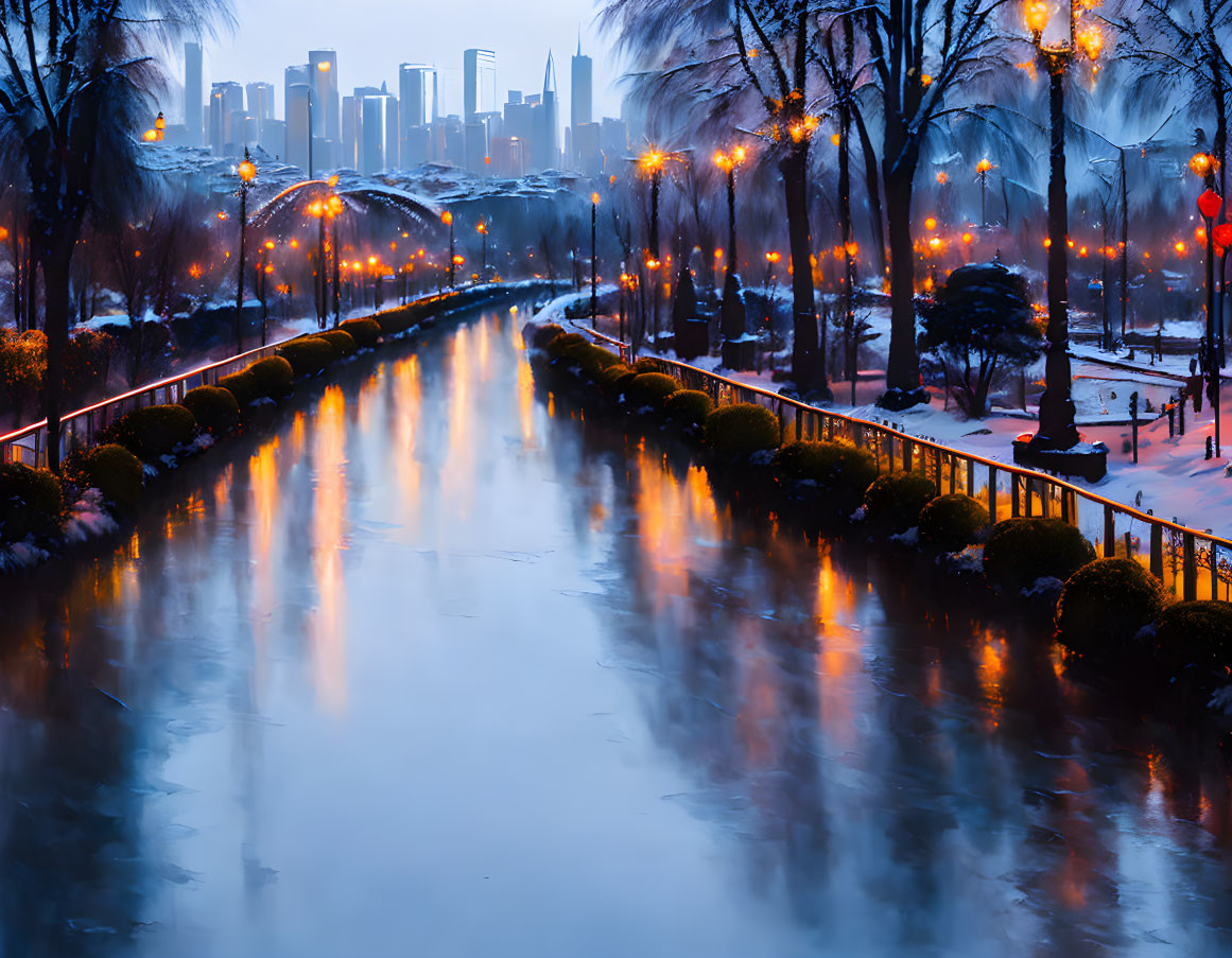 Frozen urban canal at twilight with street lamps, bare trees, and city skyline.