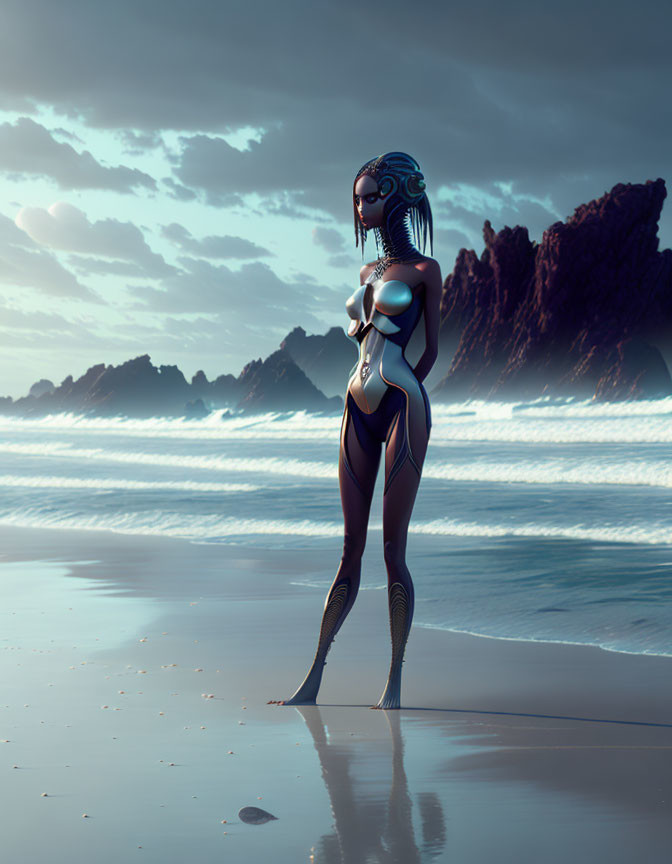 Futuristic female android on serene beach at sunset