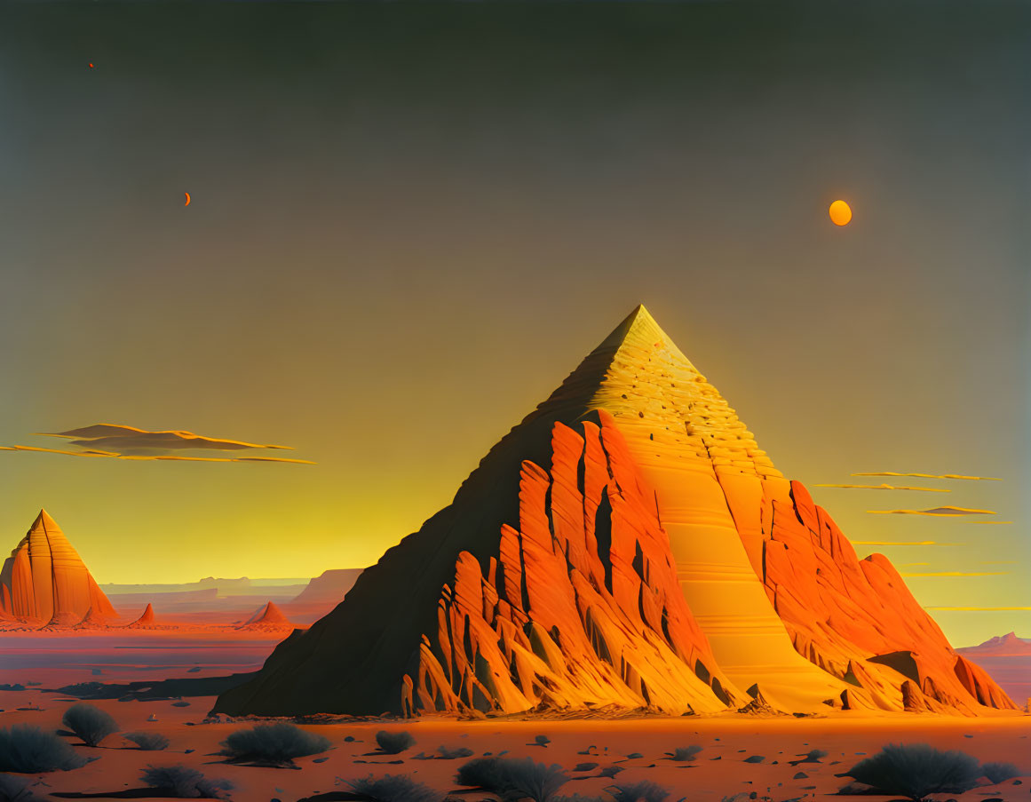 Surreal desert landscape with pyramids under dual celestial bodies at sunset or sunrise