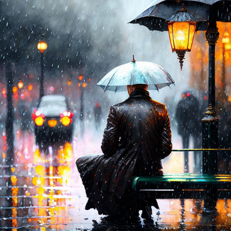 Individual with umbrella on bench in rainy evening under street lamps