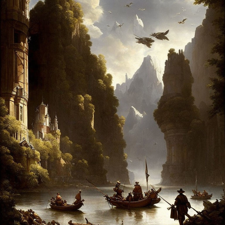 Fantasy landscape with river, boats, cliffs, castle, and flying creatures