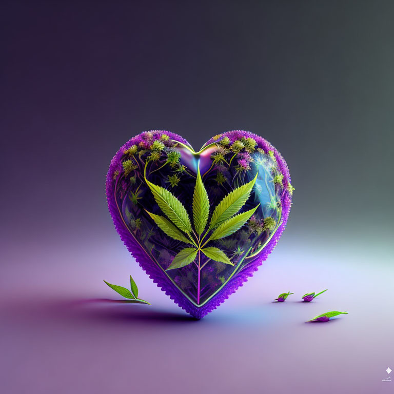 Glass heart terrarium with green cannabis leaves and purple flowers on gradient background