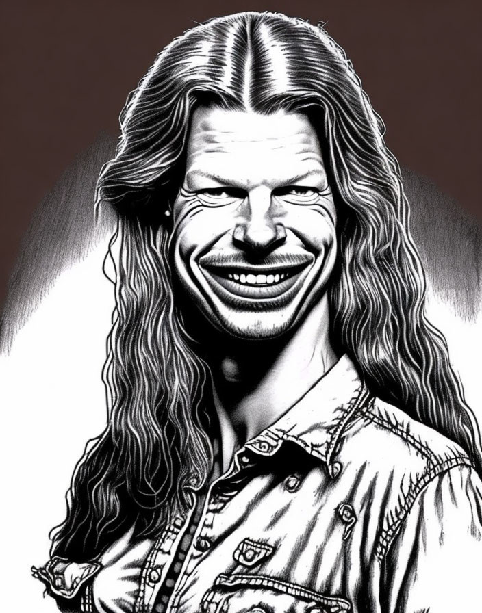 Monochrome drawing of smiling man with long wavy hair and denim shirt