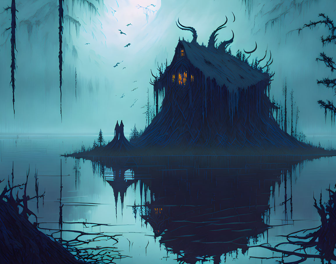 Mysterious old wooden house by reflective water in foggy blue forest