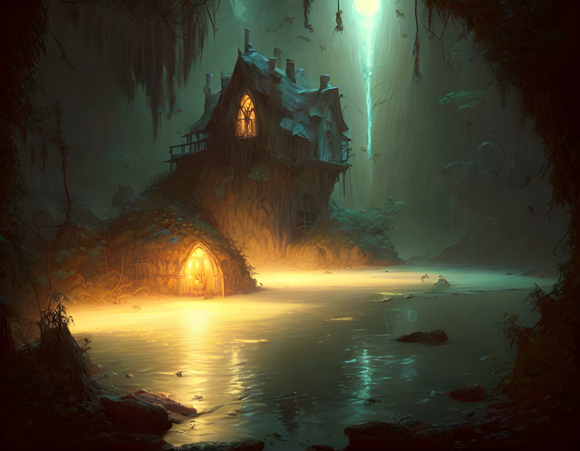 Enchanted house in mystical forest with glowing windows