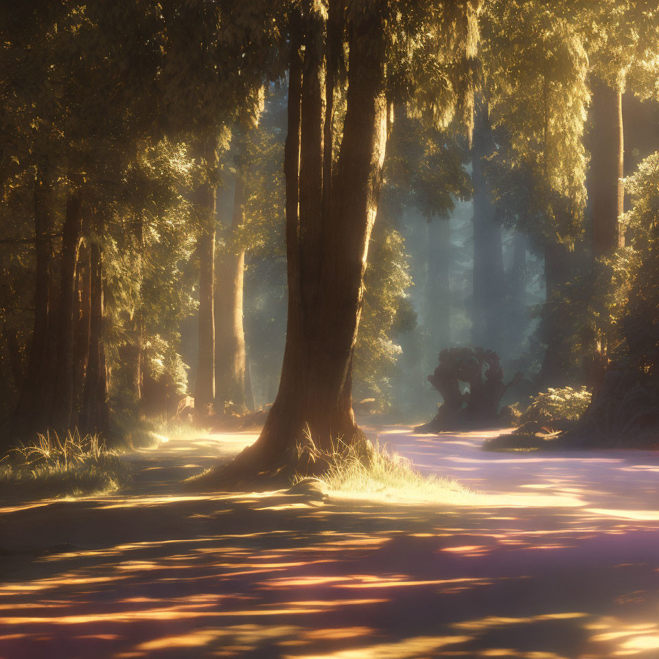 Misty forest illuminated by golden sunlight