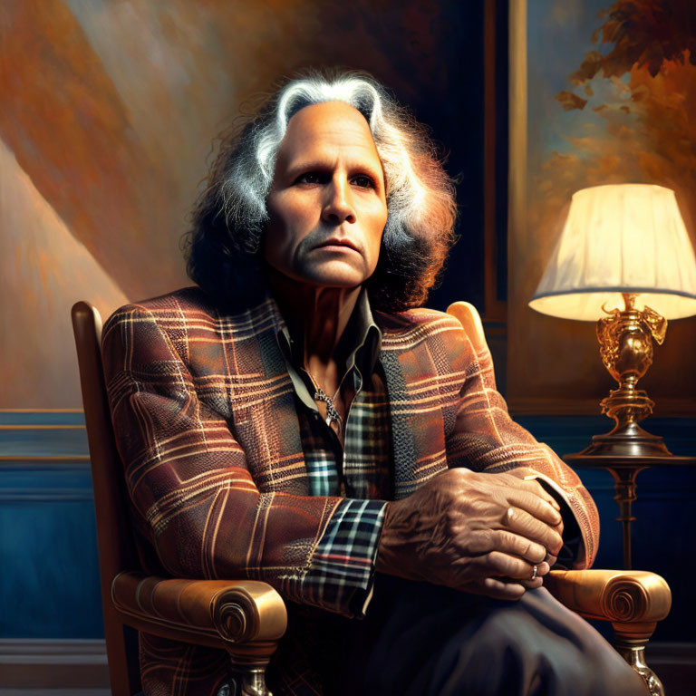 Gray-Haired Man in Checkered Blazer Sitting in Elegant Chair