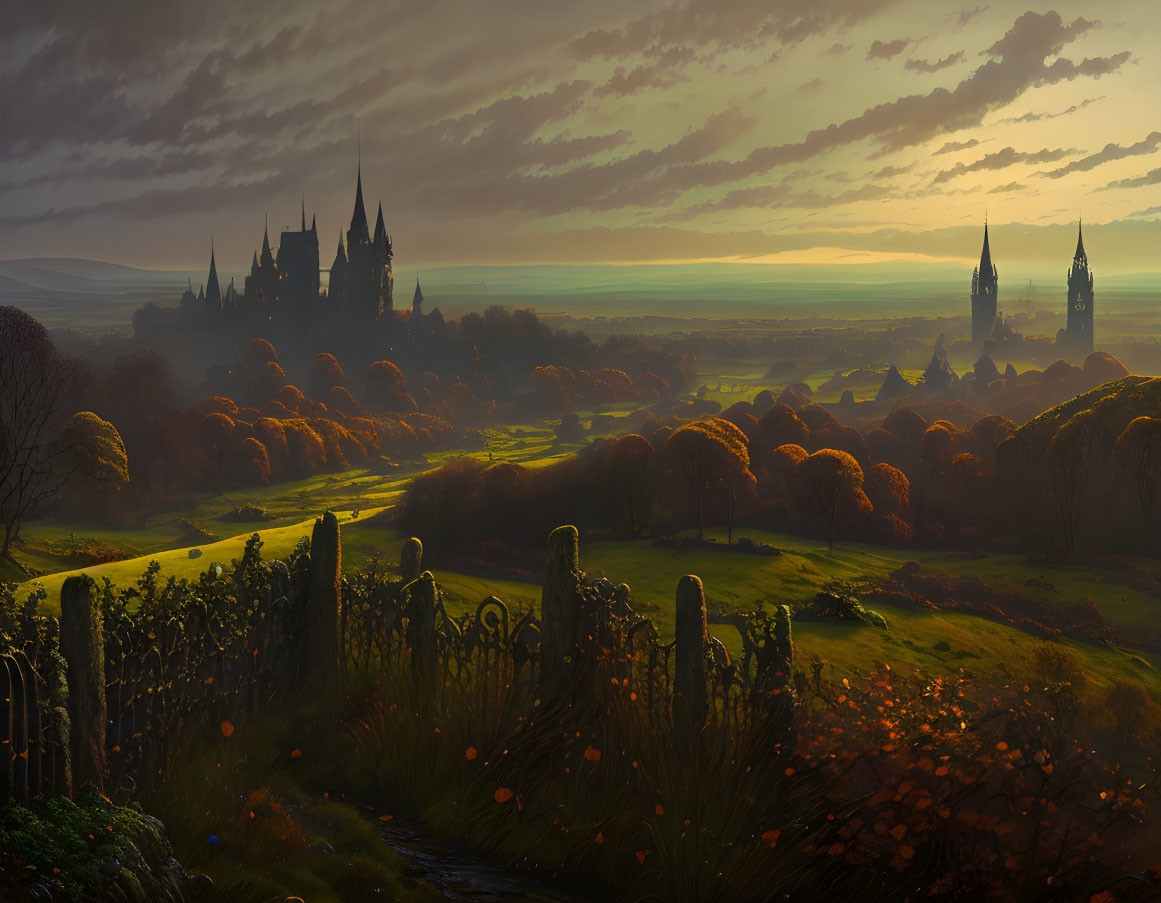 Majestic castle silhouette in fantasy sunset landscape