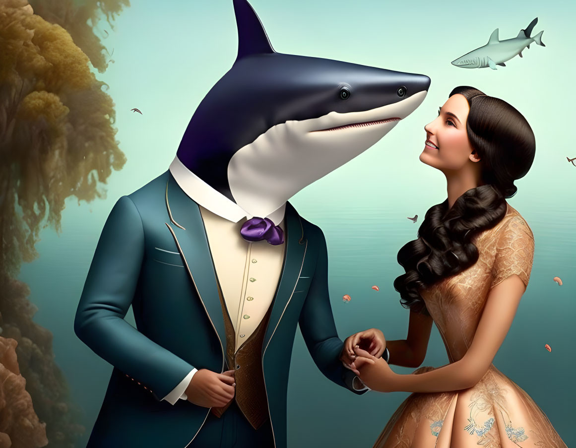 Vintage-dressed woman with anthropomorphic shark holding hands underwater