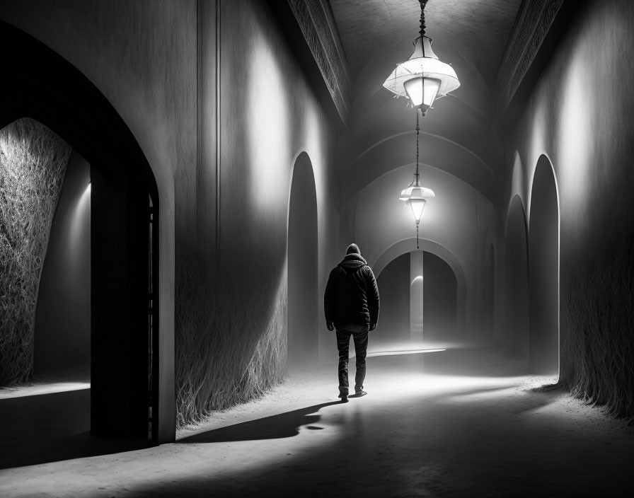 Dimly lit archway corridor with solitary figure and hanging lamps