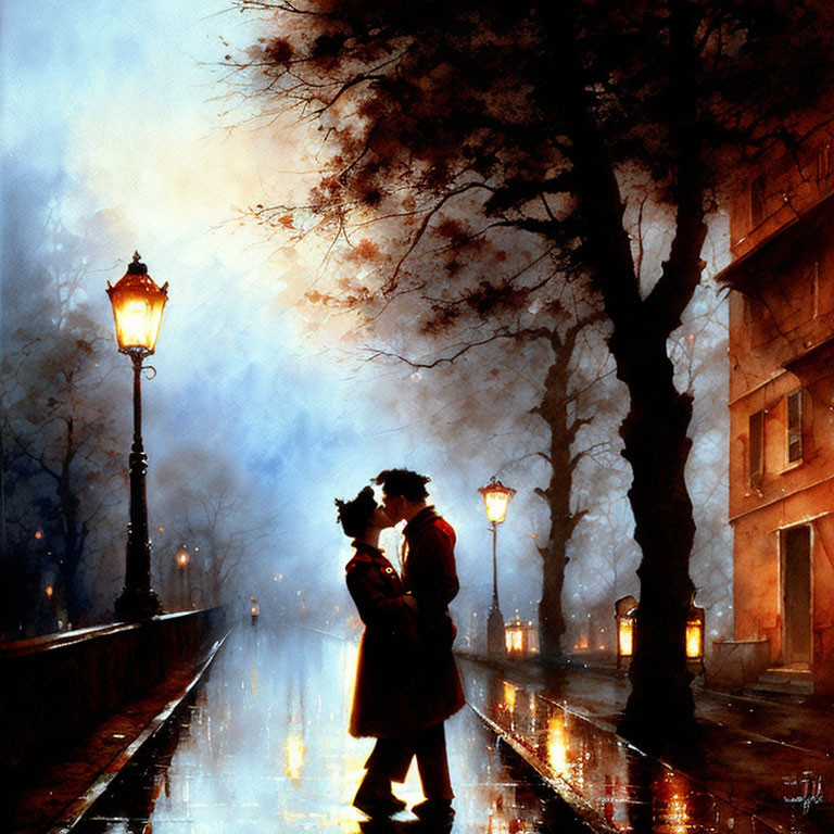 Intimate couple moment on misty, lamp-lit street at night