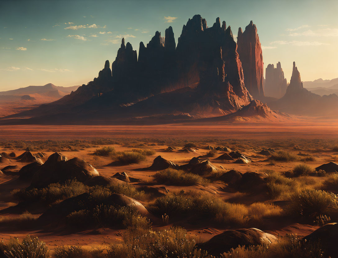 Red Rock Formations Tower Over Desert Landscape with Sand Dunes