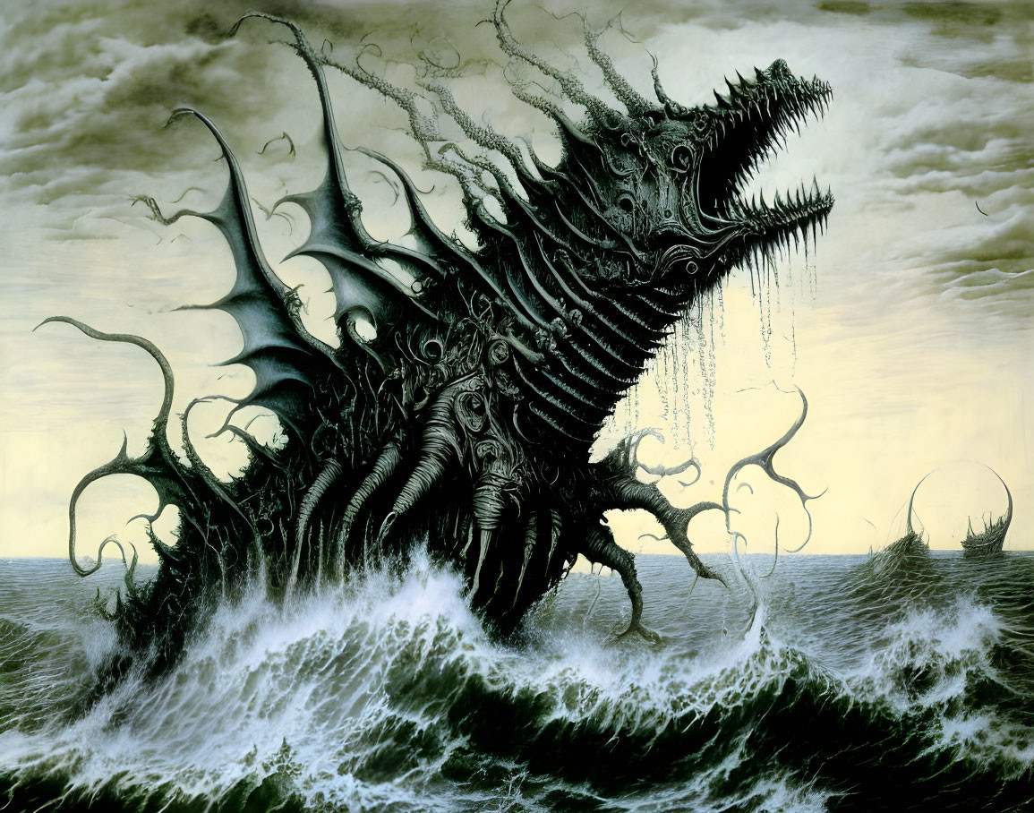 Monstrous sea creature with tentacles and sharp teeth in stormy ocean scene