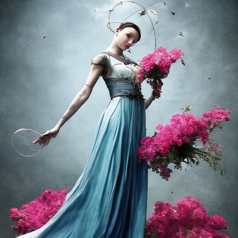 Woman in Blue Dress with Pink Flowers and Birds Flying Around Head