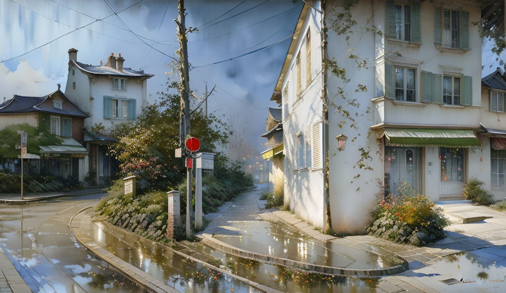 European-style houses on serene street corner with wet road, lush greenery, stop sign, and mist