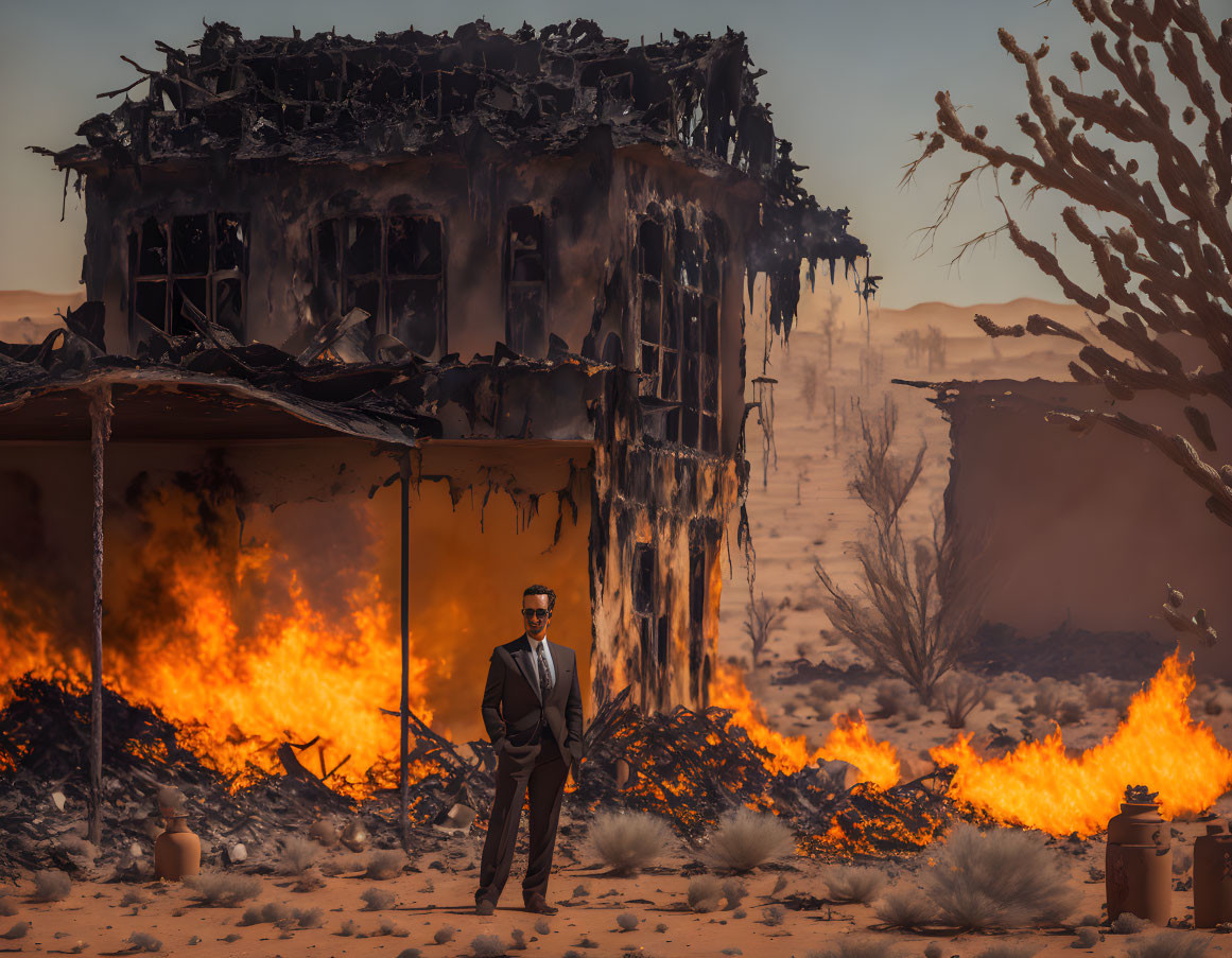 Businessperson in suit near blazing desert building.