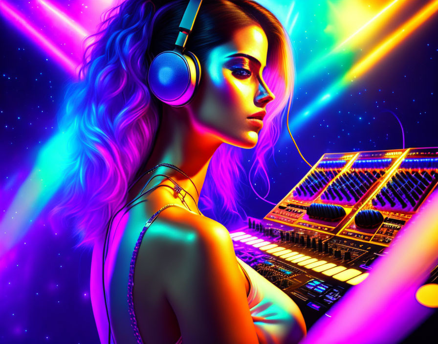 Colorful digital artwork: Woman with headphones at mixing console